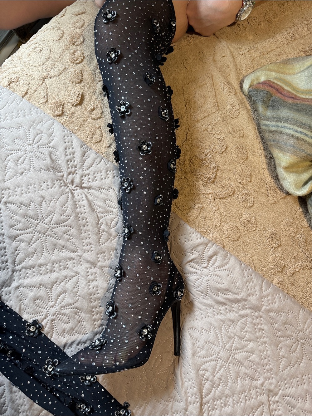 Embellished Black Sheer Floral Appliqué Stiletto Boot